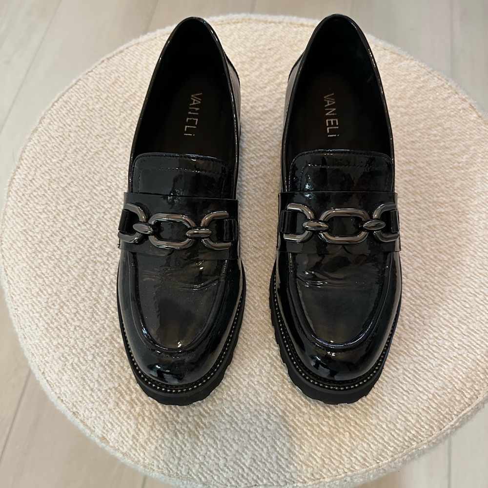 Vaneli Black Patent Loafers with Metallic Chain
